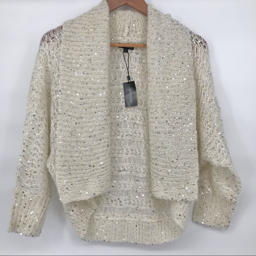 NWT Cream with Silver Sequins Loose Knit Shrug Sweater